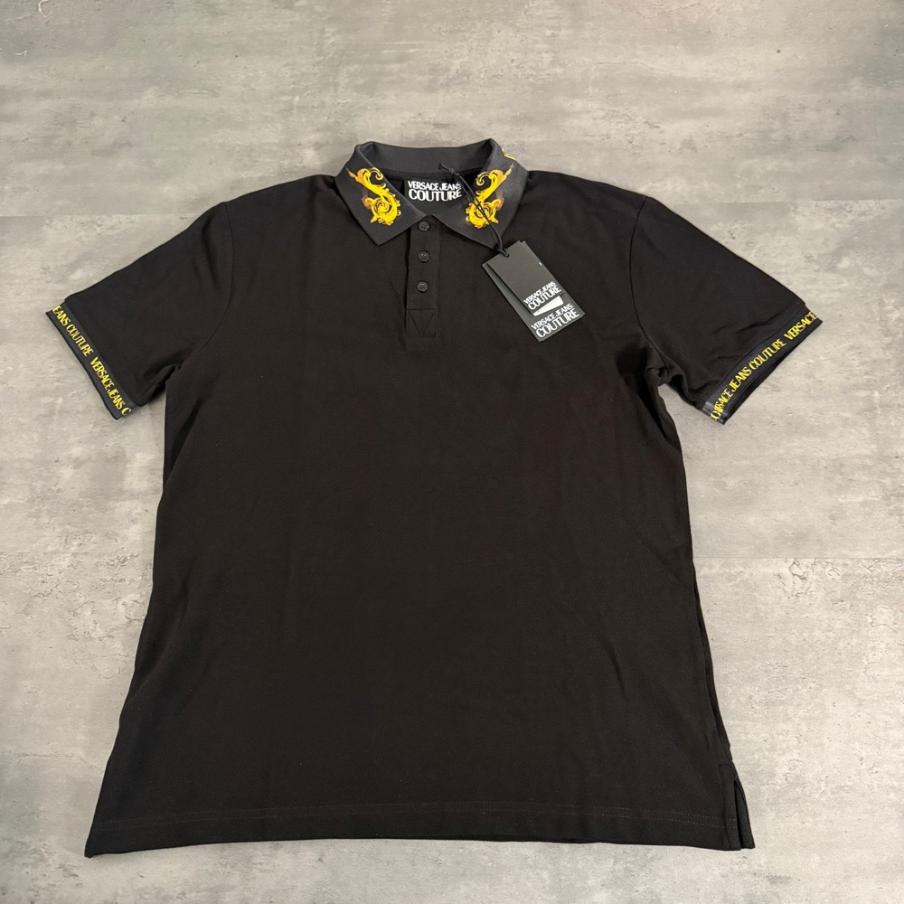 Versace Jeans Couture Polo Shirt Mens Large Watercolor Collar Black Gold NEW